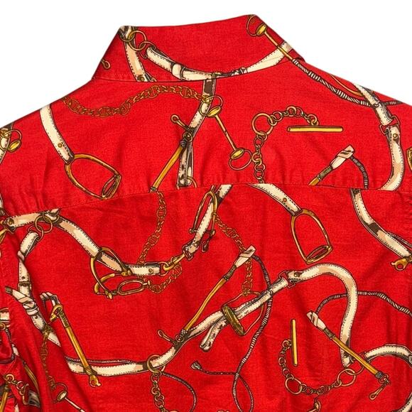 Talbots Red Gold Equestrian Print Button Down Long Sleeve Blouse Women 10 - Picture 4 of 6